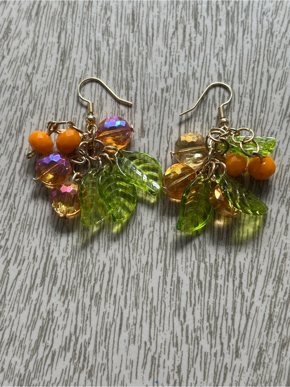 Hand Crafted Lime Green and Orange Bead Leaf Earrings